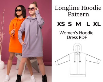 Longline Hoodie PDF Sewing Pattern, Women's Hoodie Dress Digital Pattern, Instant Download Sizes XS / S / M / L / XL