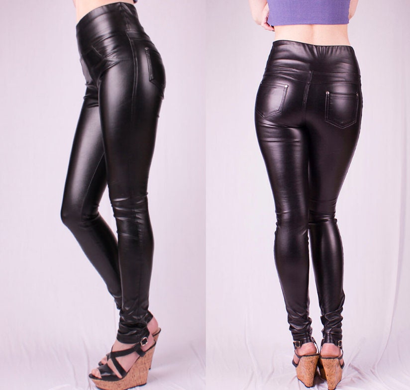 High-Waisted Black Vegan Leather Leggings with Pockets Skinny | Etsy