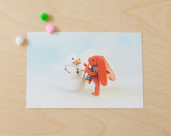 5 Holiday Winter flat cards Bunny making a snowman