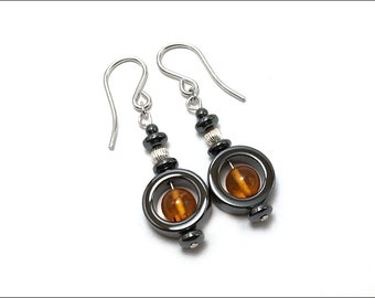 Amber and Hematite 'Circle' Beads Earrings - Available in Silver or Gold