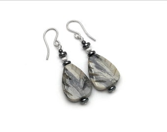 Silver Leaf Jasper Earrings - Jasper Carved Leaf with Hematite - Available in Silver or Gold