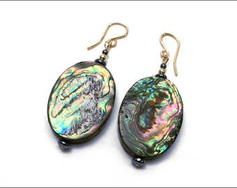Abalone Earrings - Large Oval Abalone with Hematite - Available in Silver or Gold