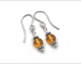 Amber Drop Earrings - Amber with Sterling Silver Bali-Style spacer beads - Amber Size 6mm