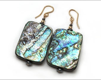 Abalone Earrings - Large Rectangle Abalone with Hematite