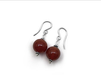 Carnelian 12mm Drop Earrings - 12mm Carnelian with Sterling Silver Bali-Style spacer beads