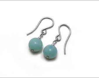 Amazonite - Round Drop Earrings - Size Options: 6mm or 8mm- Sterling Silver or Gold Option