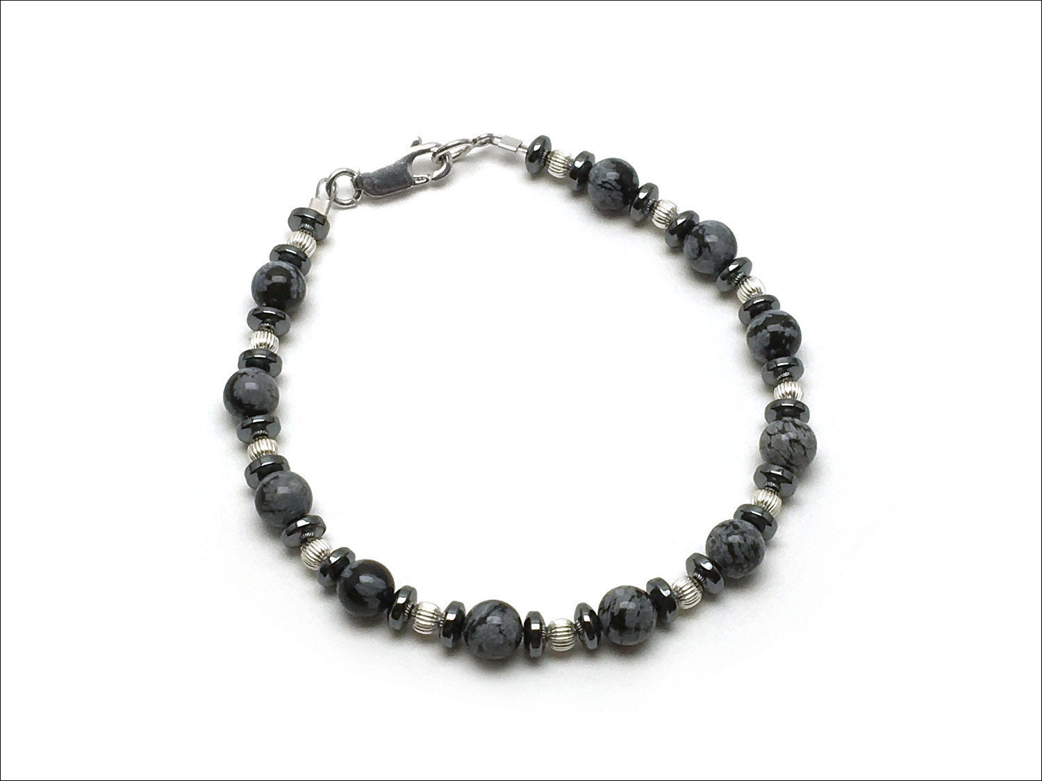 Schneeflocken Obsidian Armband - 6mm Obsidian mit Hämatit - Custom Sized - Silber oder Gold