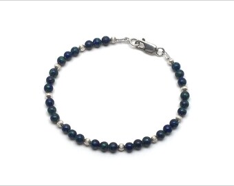 Azurite 4mm Round Beads Bracelet - Custom Sized - Available in Silver or Gold - Blue & Green Azurite