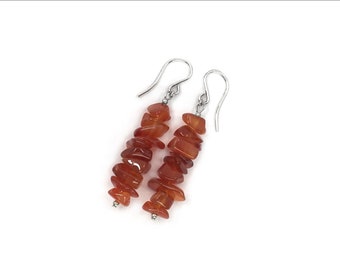 Carnelian Chips Drop Earrings - Natural Stone Chips - Red-Orange Carnelian