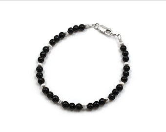 Black Onyx 4mm Round Beads Bracelet - Custom Sized - Available in Silver or Gold