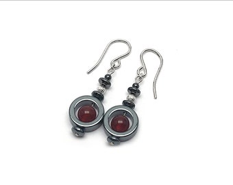 Carnelian and Hematite 'Circle' Beads Earrings - Available in Silver or Gold