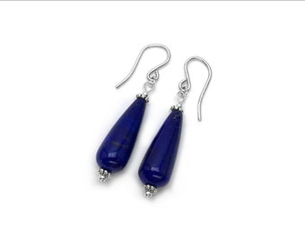 Lapis Lazuli Earrings - Lapis Lazuli Teardrop and Sterling Silver Bali-Style spacer beads