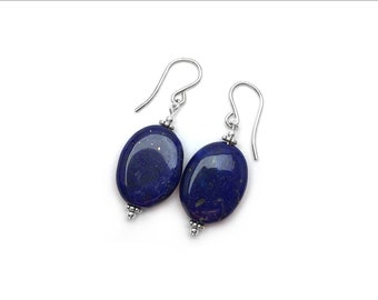 Lapis Lazuli Earrings - Lapis Lazuli Flat Oval and Sterling Silver Bali-Style spacer beads