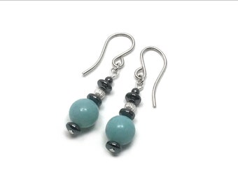 Amazonite and Hematite Drop Earrings -  8mm Amazonite - Available in Silver or Gold