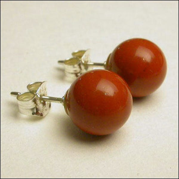 Red Jasper 8mm Round Stud Earrings - Available in Silver or Gold