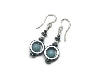 Amazonite and Hematite 'Circle' Beads Earrings - Available in Silver or Gold - Available in Silver or Gold