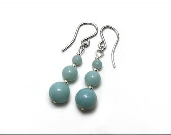 Amazonite Earring - 3 Beads Drop Earrings - Available in Silver or Gold