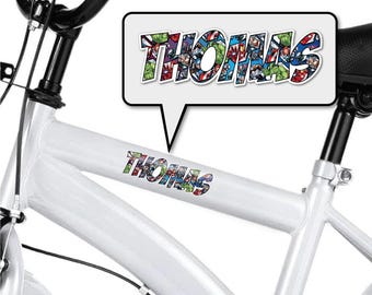 Personalised Name Bike Frame Vinyl Stickers | Superhero Font Decals | Kids Bicycle Sticker | Custom Scooter Label