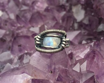 2017 Markdown* Handmade Wire Wrapped Rainbow Moonstone and Garnet Ring