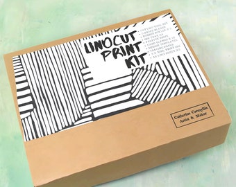 Premium Linocut & print kit, 18 items includes 4 ink colours choose your own, UK made with video tutorial, templates