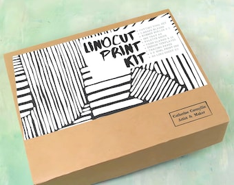 Premium Linocut & print kit, 18 items includes 4 ink colours choose your own, UK made with video tutorial, templates