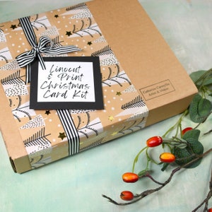 Linosnede en printpakket kerstthema met 4 inktkleuren en ontwerpsjablonen, kit voor het maken van kaarten, ideaal knutselpakket cadeau