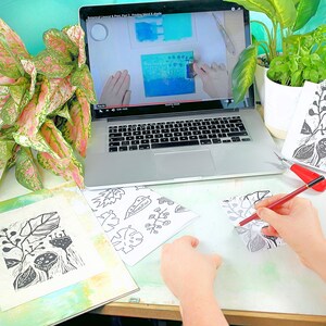lino cut design process, using a video tutorial and making botanical shapes