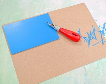 Lino soft quality in blue, for printmaking, size A6 (10x15cm) for linocut stamping block printing, UK made