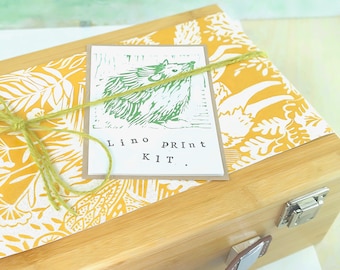 Woodland slumber linocut & print kit, special edition in bamboo suitcase