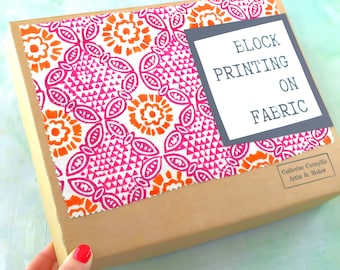 Block printing onto fabric, beginners kit with everything to get started includes 2 x tote bags