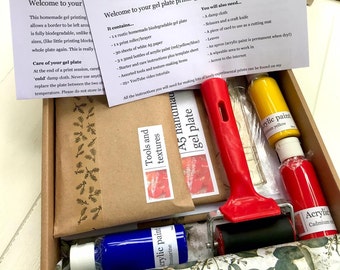 Gelli plate craft kit for printmaking, monotype printmaking with A5 (21x15cm) gel plate, beginners project with instructions & videos