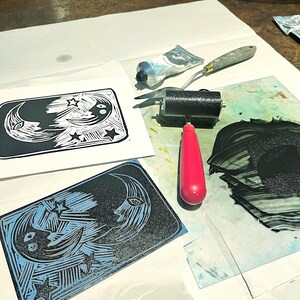 Example of lino printing - twin moons design