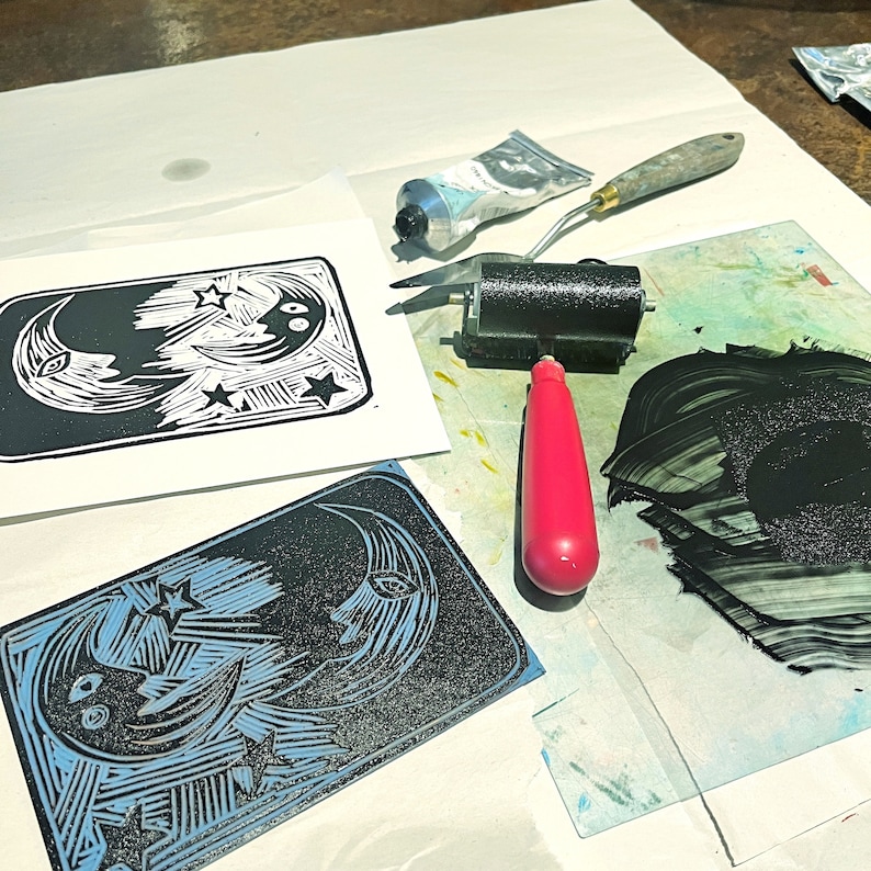 Example of lino printing - twin moons design