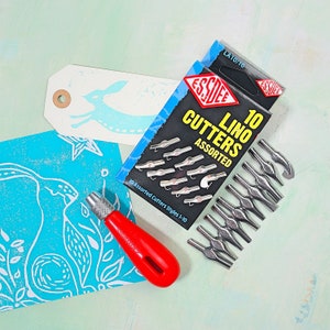 Linocut tool set, handle & 10 shape blades, brand ESSDEE UK made, includes artist mark make exercise sheet