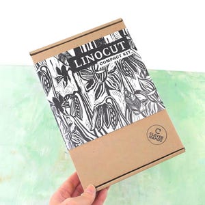 Kit de démarrage pour linogravure et impression pour débutants avec tampon encreur noir, imprimez votre propre carte de bricolage, avec un didacticiel vidéo et des modèles à copier