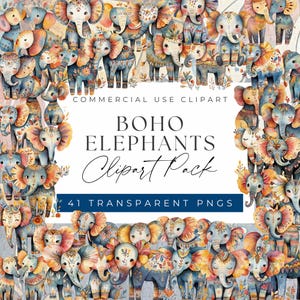 Boho Elephants Clipart Set - Colorful Elephant Illustrations in Various Poses Nursery Decor, Clipart for commercial use, Transparent PNGs
