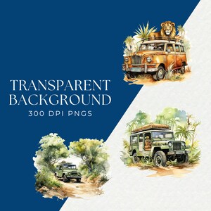 May include: Watercolor illustrations of safari vehicles in a jungle setting. One image shows a vintage orange vehicle with a lion on top. Another shows a green jeep. The text "TRANSPARENT BACKGROUND 300 DPI PNGS" is also visible.