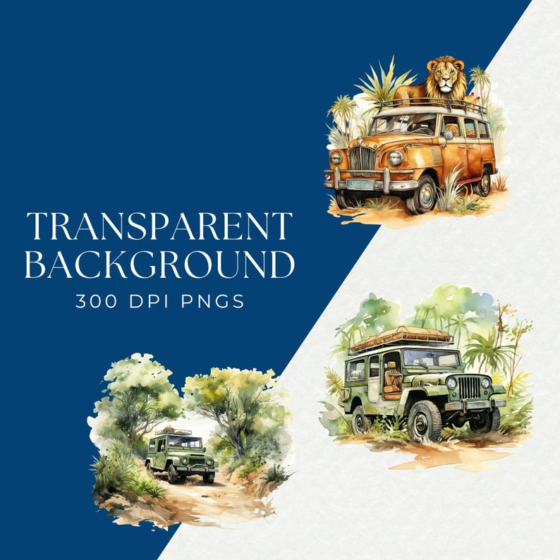 May include: Watercolor illustrations of safari vehicles in a jungle setting. One image shows a vintage orange vehicle with a lion on top. Another shows a green jeep. The text "TRANSPARENT BACKGROUND 300 DPI PNGS" is also visible.