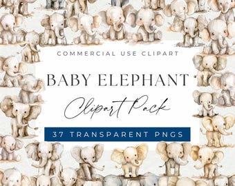 Adorable Baby Elephant Clipart Bundle, Clipart for commercial use, Transparent PNGs