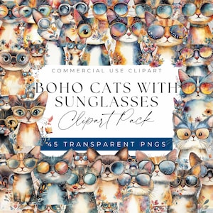 Boho Cats with Sunglasses Clipart - Cool Cats with Aviators, Heart Glasses, Decor Digital Art, Clipart for commercial use, Transparent PNGs