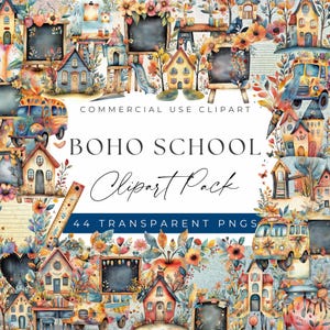 Clipart école bohème - autobus scolaire, tableau, salle de classe, fournitures scolaires, projets d'art numérique, clipart à usage commercial, PNG transparents