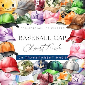 May include: A set of 28 watercolor baseball cap illustrations. The caps are in various colors and designs, including stars, hearts, anchors, and world maps. The text "COMMERCIAL USE CLIPART BASEBALL CAP Clipart Pack 28 TRANSPARENT PNGS" is displayed on a white background.