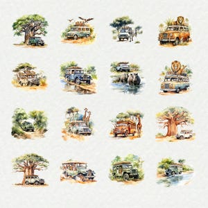 May include: Watercolor illustrations of safari vehicles in a natural setting. Each image features a different vehicle, such as jeeps and buses, with animals like lions, giraffes, and zebras. The artwork has a vintage, travel-themed aesthetic.