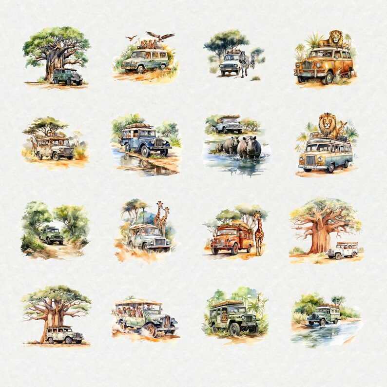 May include: Watercolor illustrations of safari vehicles in a natural setting. Each image features a different vehicle, such as jeeps and buses, with animals like lions, giraffes, and zebras. The artwork has a vintage, travel-themed aesthetic.