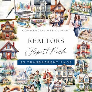 Bundle de cliparts pour agent immobilier - clipart professionnel de scènes de l'immobilier, clipart à usage commercial, PNG transparents