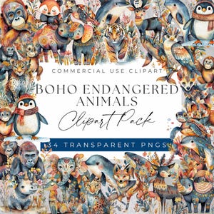 Imágenes prediseñadas de animales en peligro de extinción de Boho: ilustraciones artísticas Proyecto digital de vida silvestre en peligro de extinción, imágenes prediseñadas para uso comercial, PNG transparentes