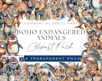 Boho Endangered Animals Clipart – Watercolor PNG Illustrations (Commercial Use)