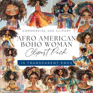 Caprichoso Afro American Boho Woman Clipart - Elegante e estiloso Boho Girl clipart, Clipart para uso comercial, PNGs transparentes