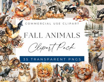 Pacchetto di clipart di animali autunnali ad acquerello - PNG di animali selvatici autunnali