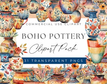 May include: A collection of 31 watercolor illustrations of colorful, hand-painted pottery with floral designs. The illustrations are perfect for creating digital or printed designs.